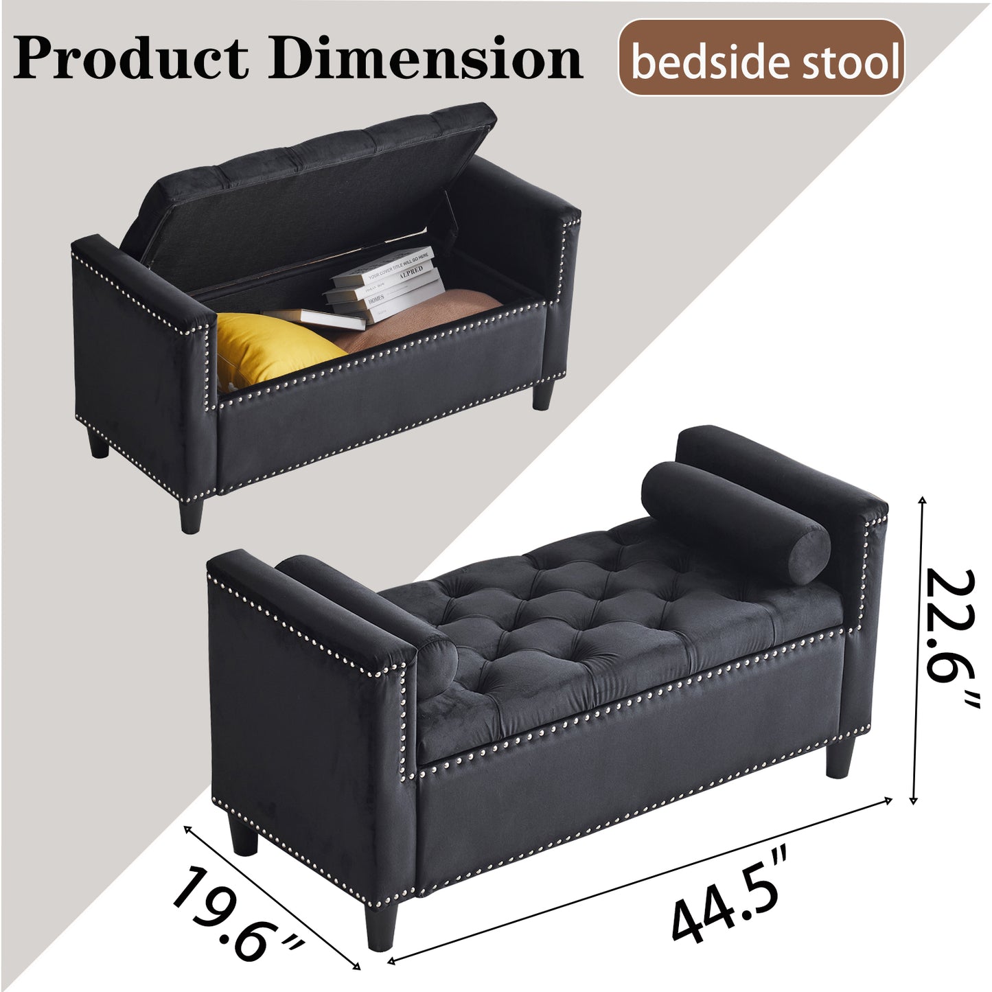 Black velvet storage ottoman with tufted top and silver nailhead trim