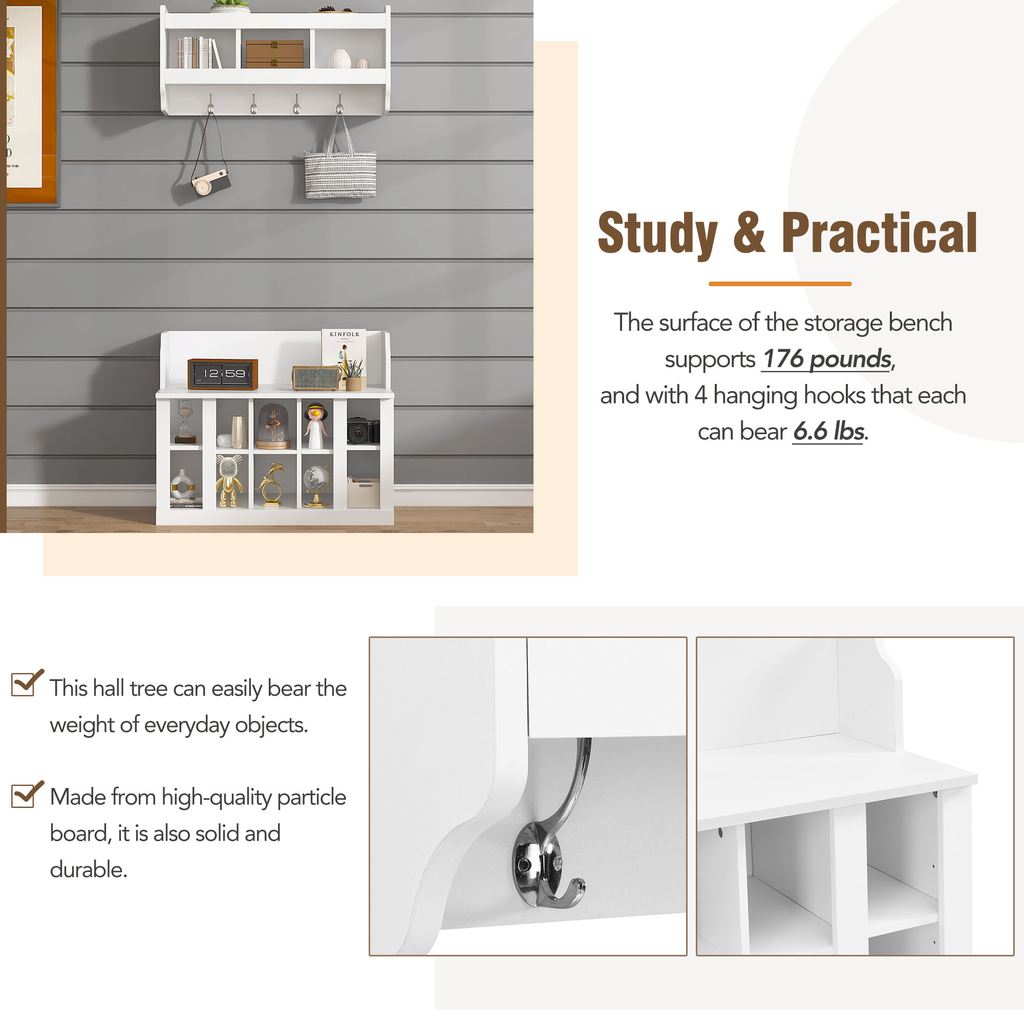 White particle board hall tree with shelves and hooks