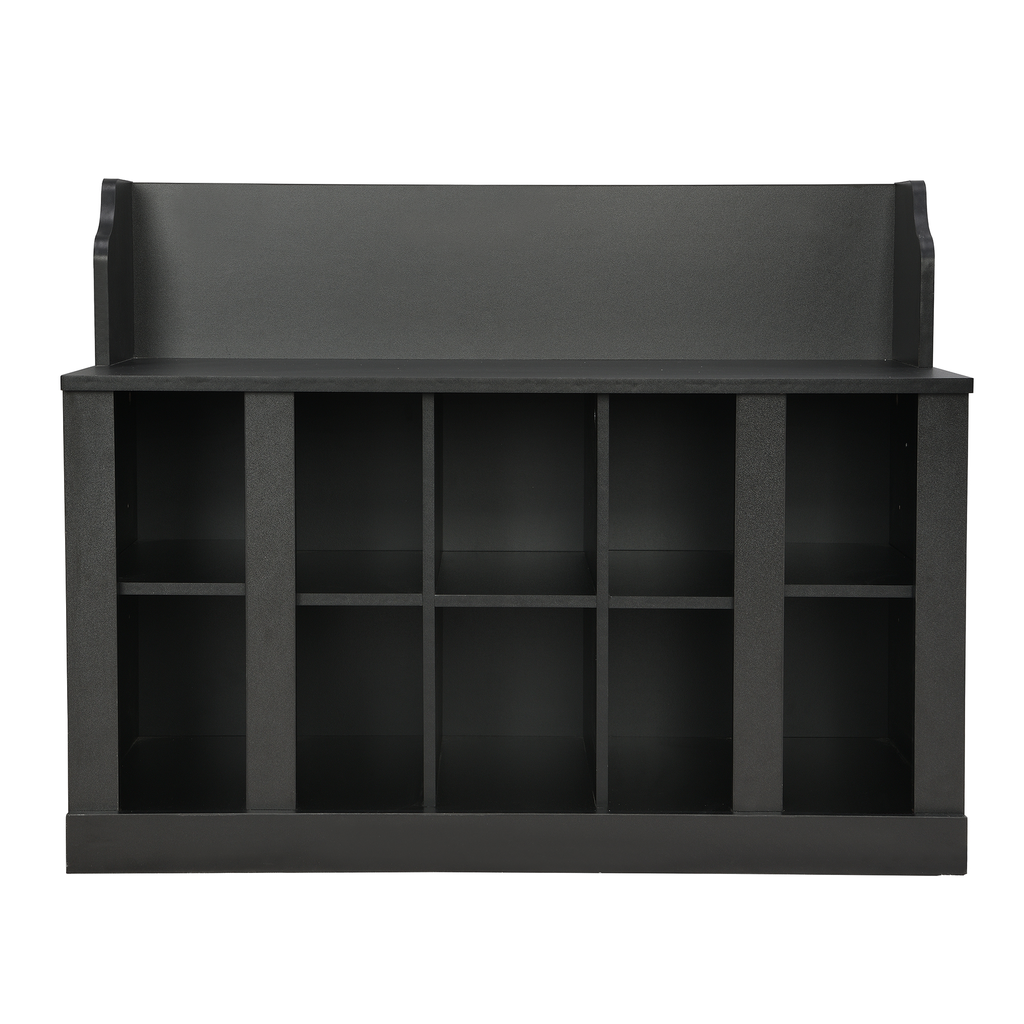 Black entryway bench with cubbies