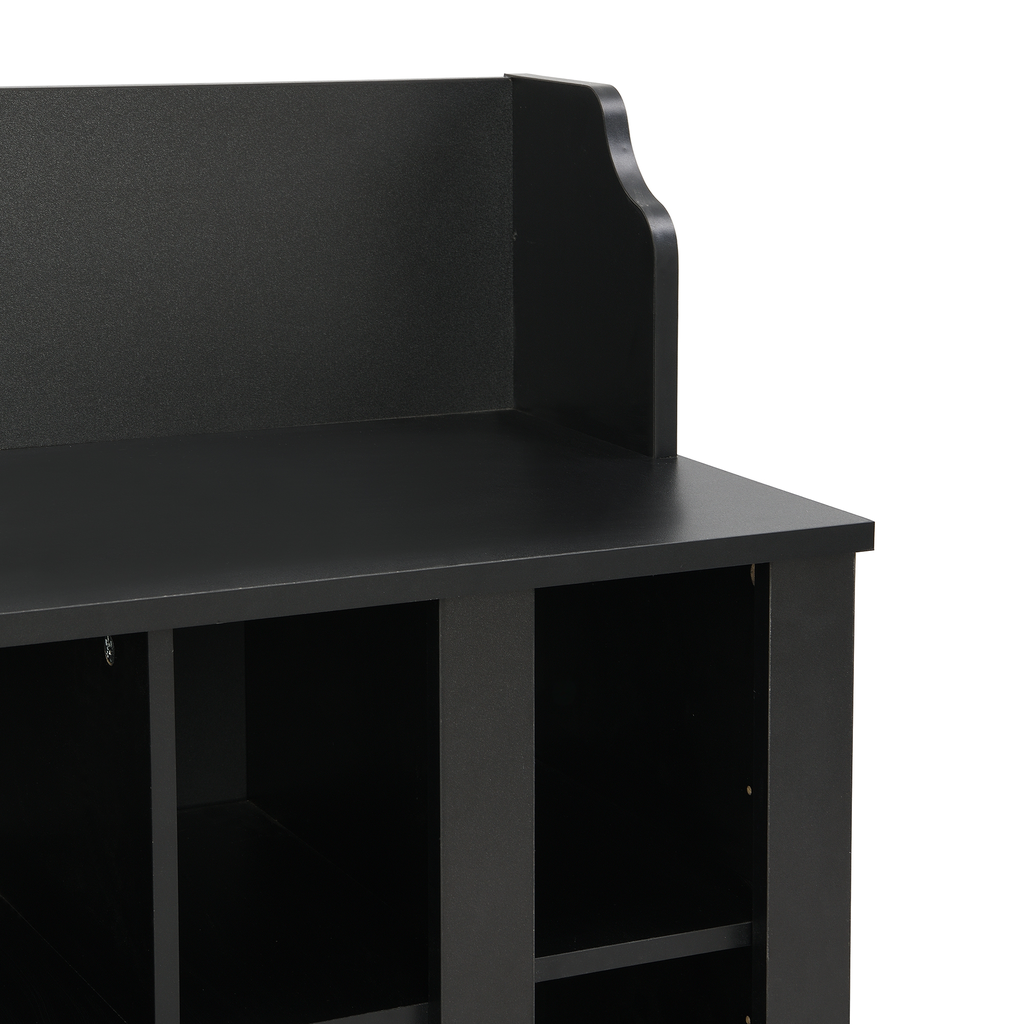 Black entryway bench with cubbies and decorative backrest