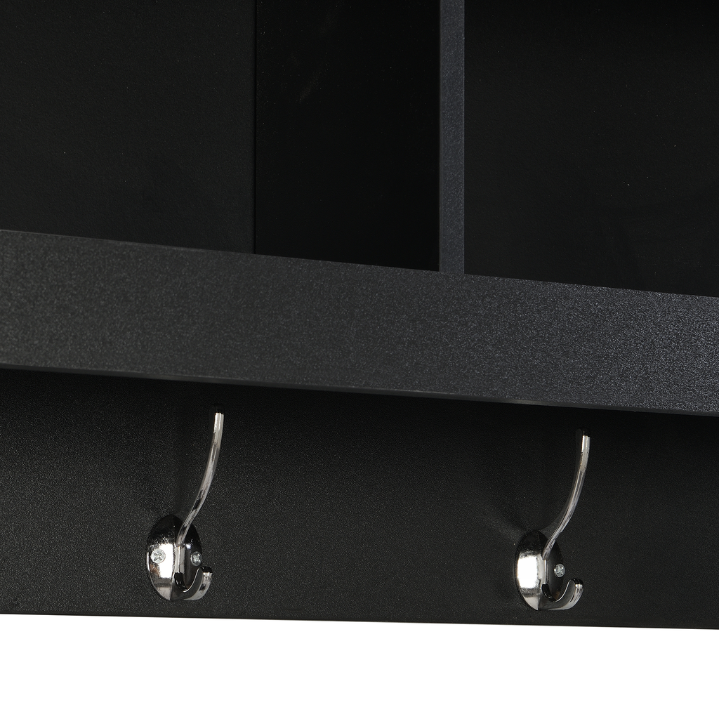 Black wall shelf with two silver coat hooks