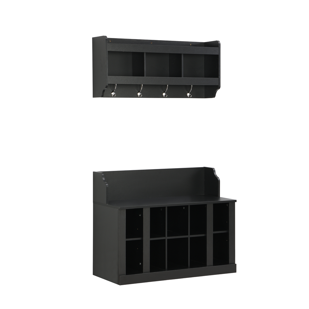 Black wallmounted entryway organizer with four compartments and five hooks