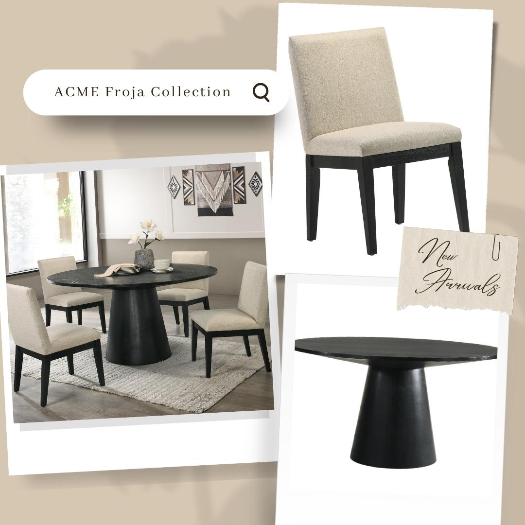 Black pedestal dining table set with upholstered chairs