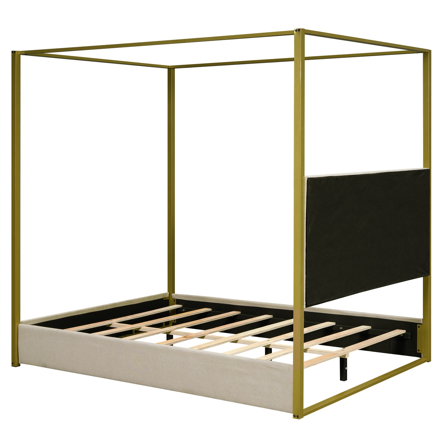 Gold metal canopy bed frame with upholstered headboard and frame