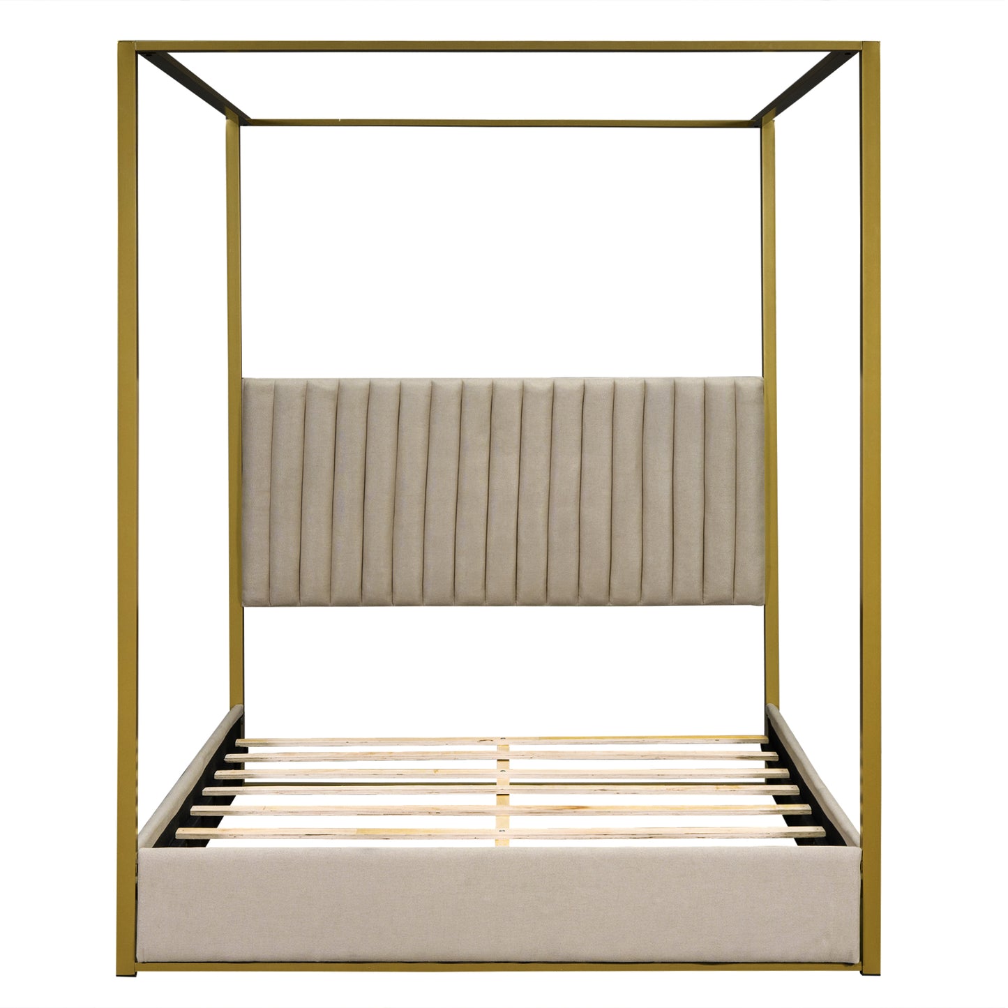 Gold metal canopy bed frame with beige upholstered headboard and slats