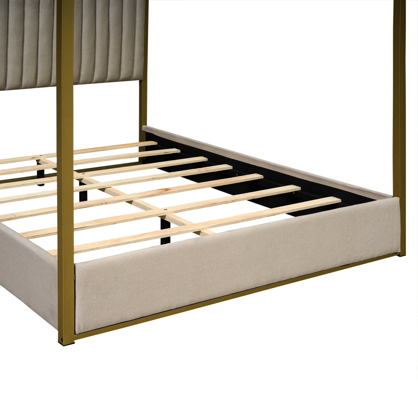 Tan upholstered bed frame with gold metal posts and wooden slats