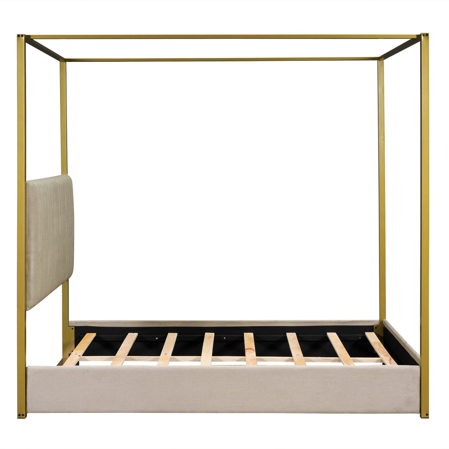 Gold canopy bed frame with beige upholstered headboard and base