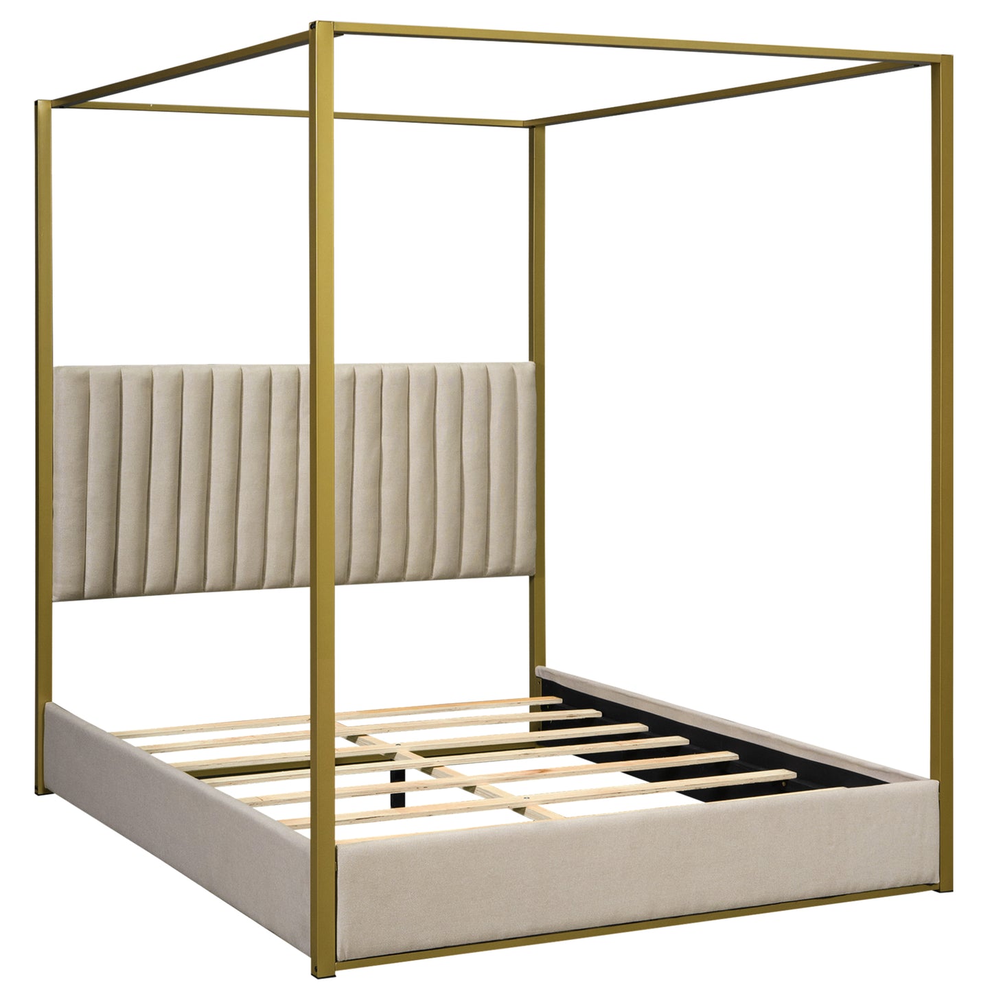 Gold metal canopy bed with beige upholstered headboard and frame