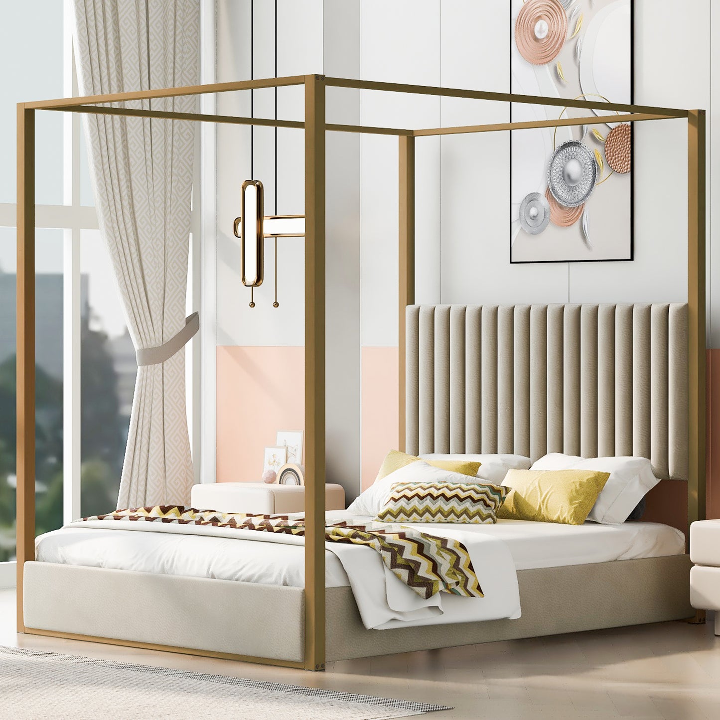 Elegant gold canopy bed with a beige upholstered headboard and matching frame perfect for a modern bedroom
