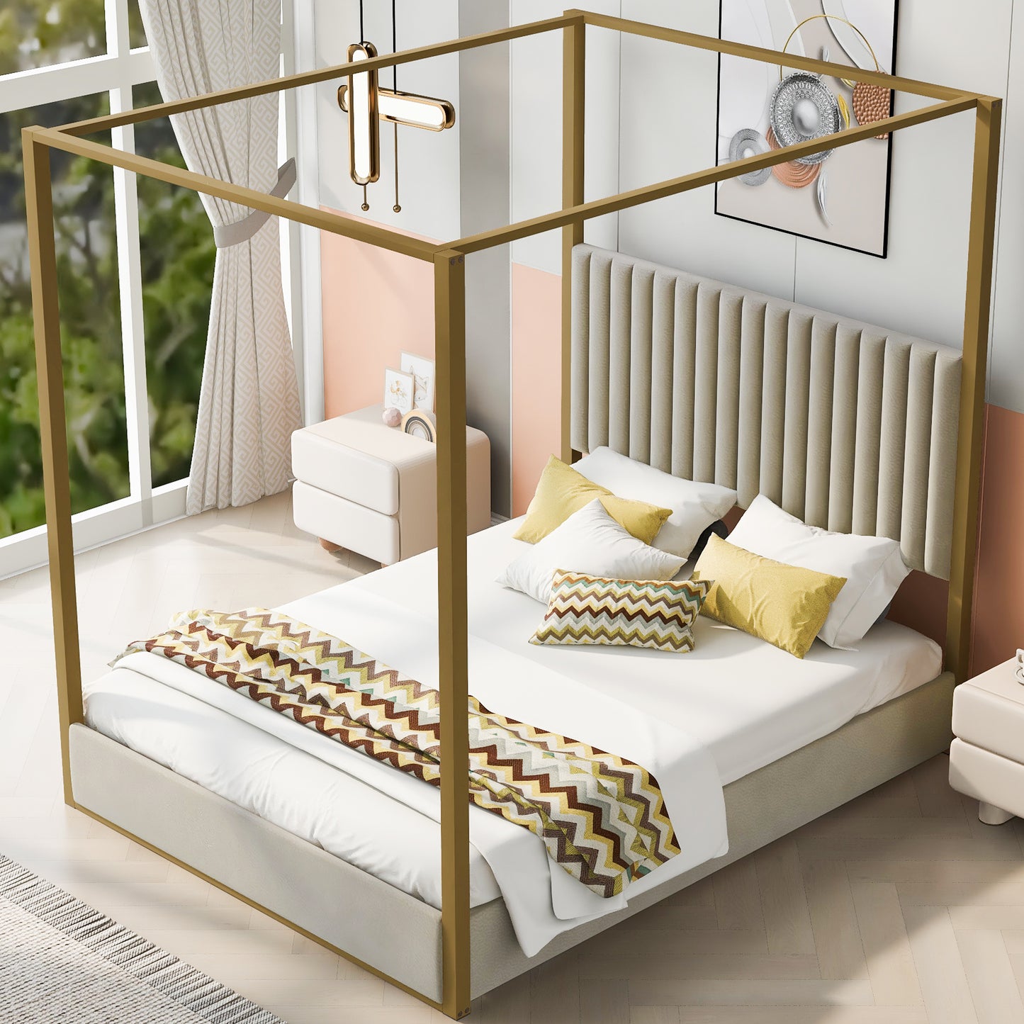 Modern gold metal canopy bed with cream upholstered headboard and chevron throw