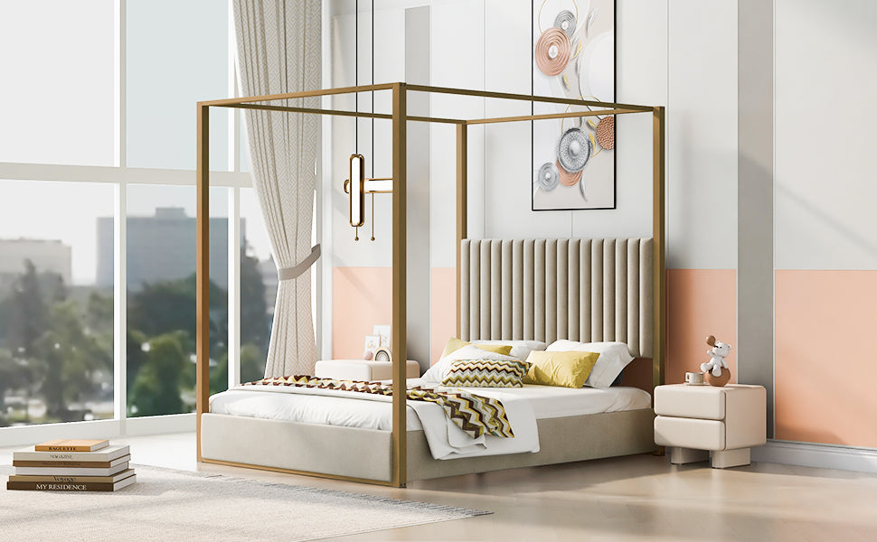 Modern gold canopy bed with upholstered headboard and beige fabric frame