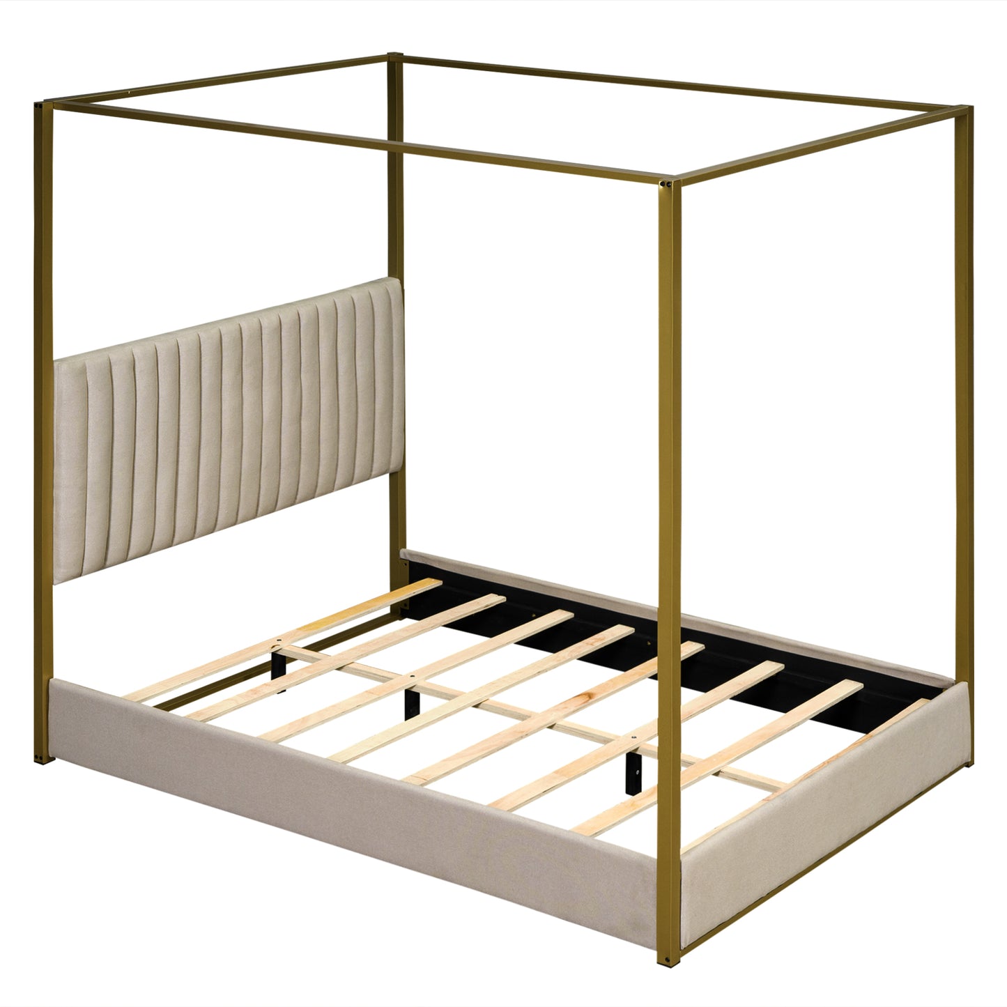 Gold metal canopy bed frame with beige upholstered headboard and platform base