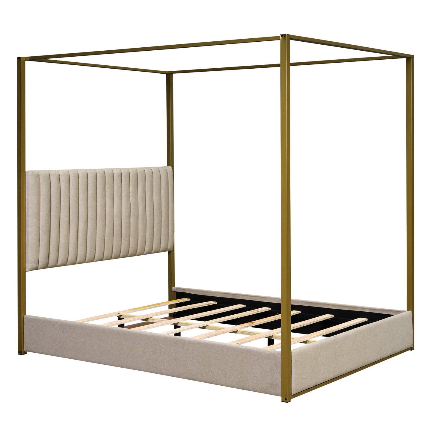 Gold metal canopy bed with beige upholstered headboard and frame