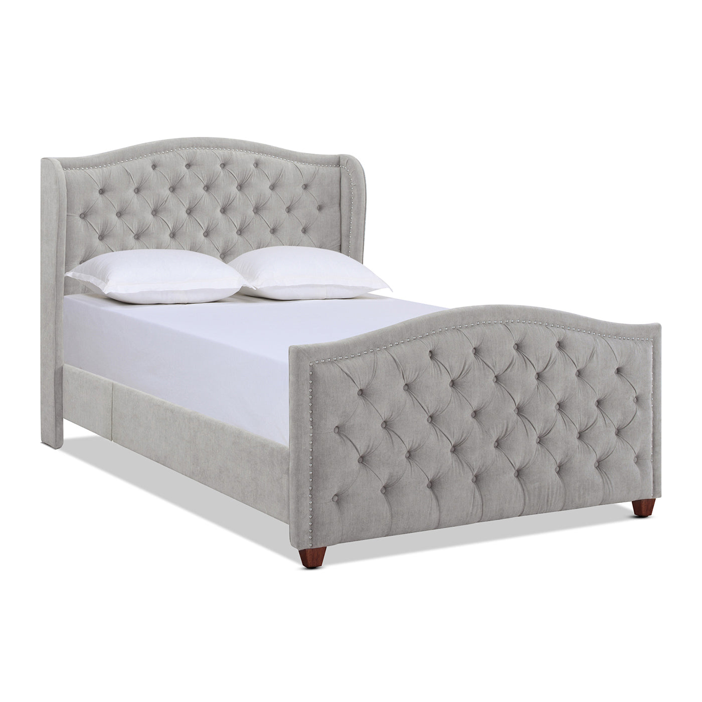 Gray tufted wingback bed frame with silver nailhead trim