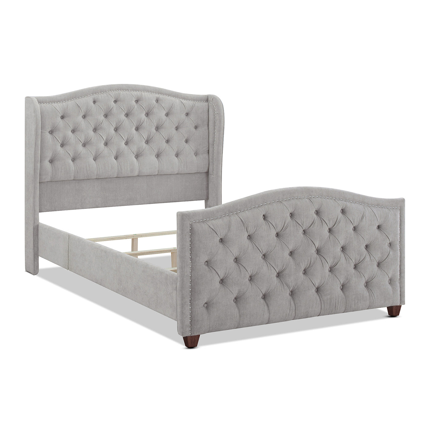 Gray fabric wingback bed frame with tufted headboard