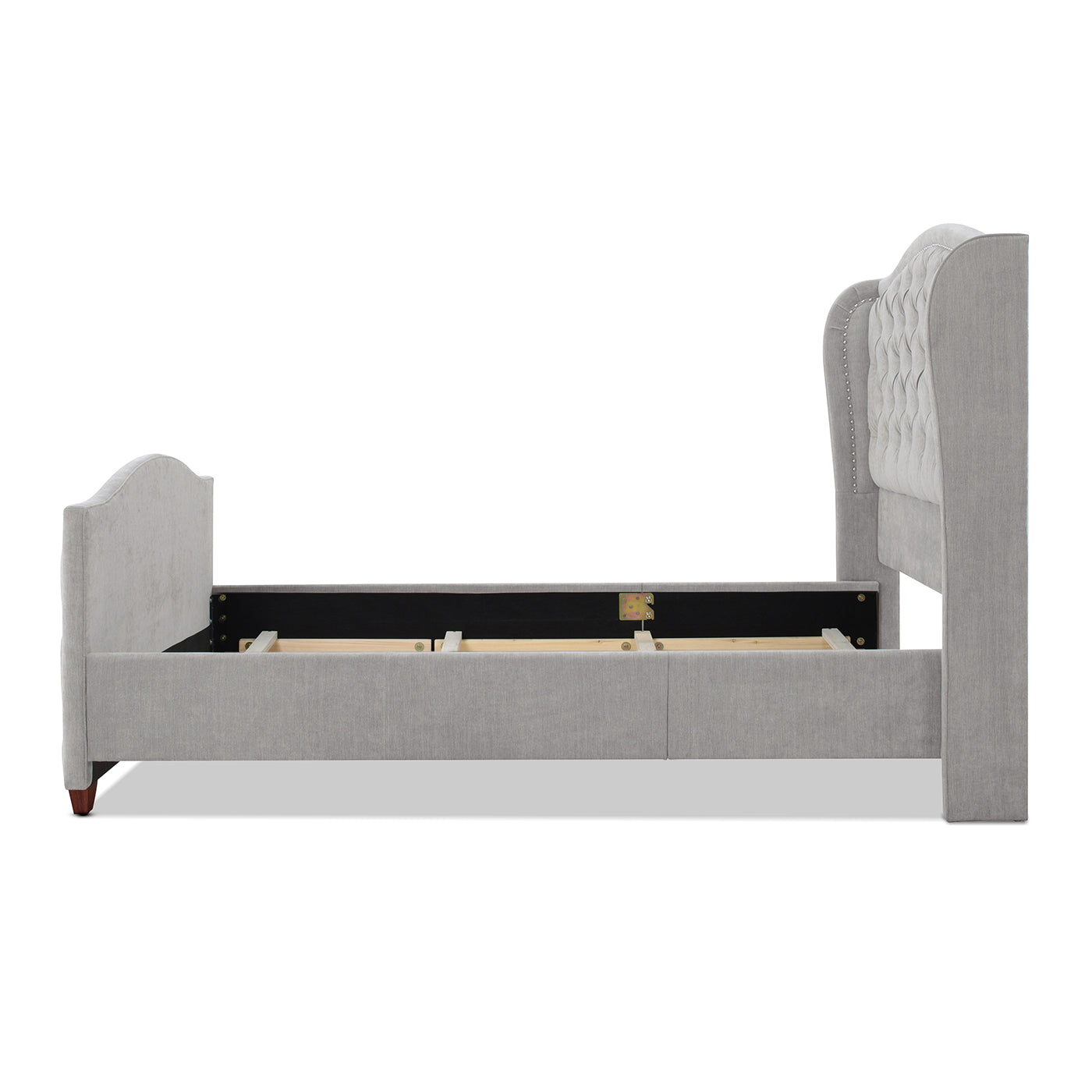 Light grey fabric upholstered wingback bed frame with button tufted headboard