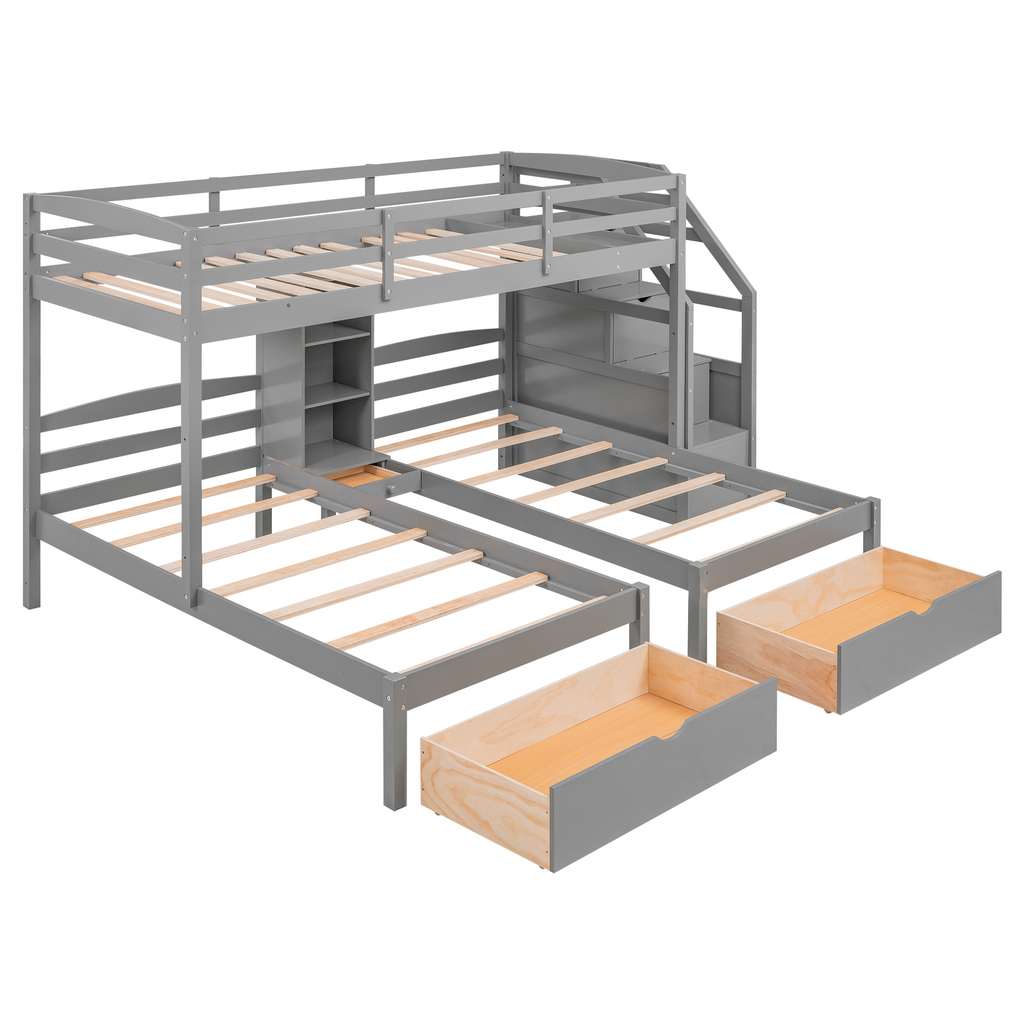Gray wooden bunk bed with stairs and pullout drawers for kids