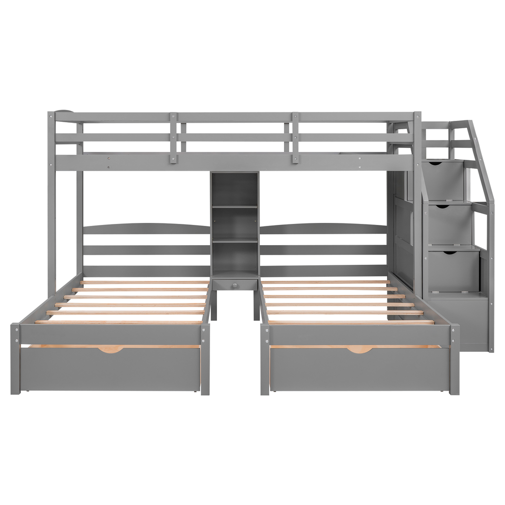 Gray wooden triple bunk bed with builtin storage shelves and drawers