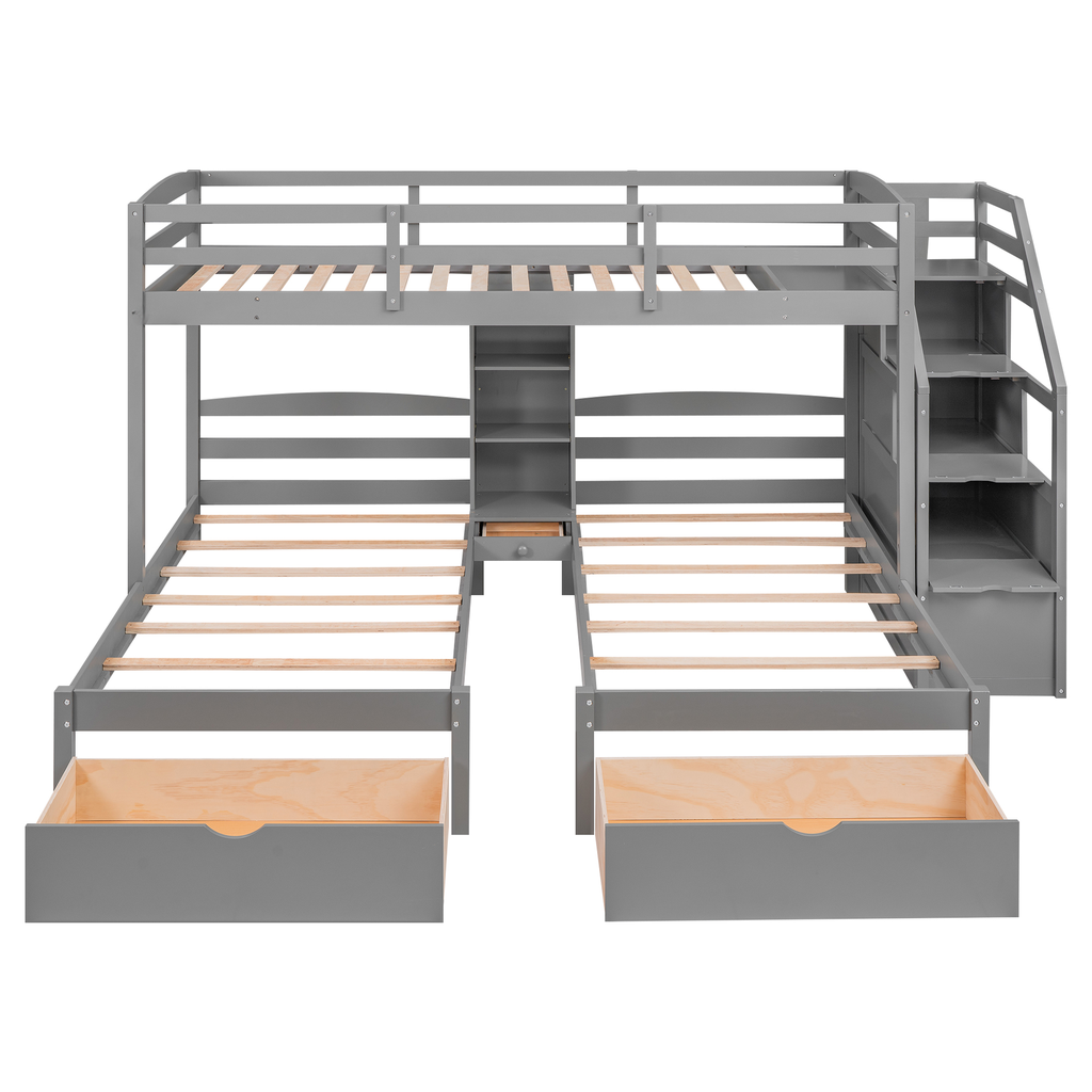 Gray twin over twin bunk bed with stairs and storage drawers