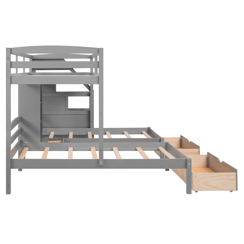 Gray wooden bunk bed with integrated storage drawers and staircase