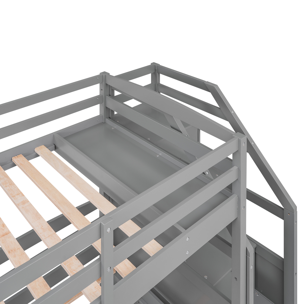 Gray wooden bunk bed frame with integrated staircase