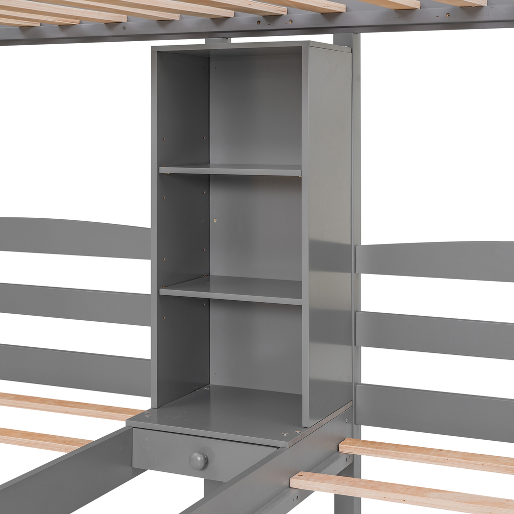 Gray bunk bed with builtin bookshelf and drawer