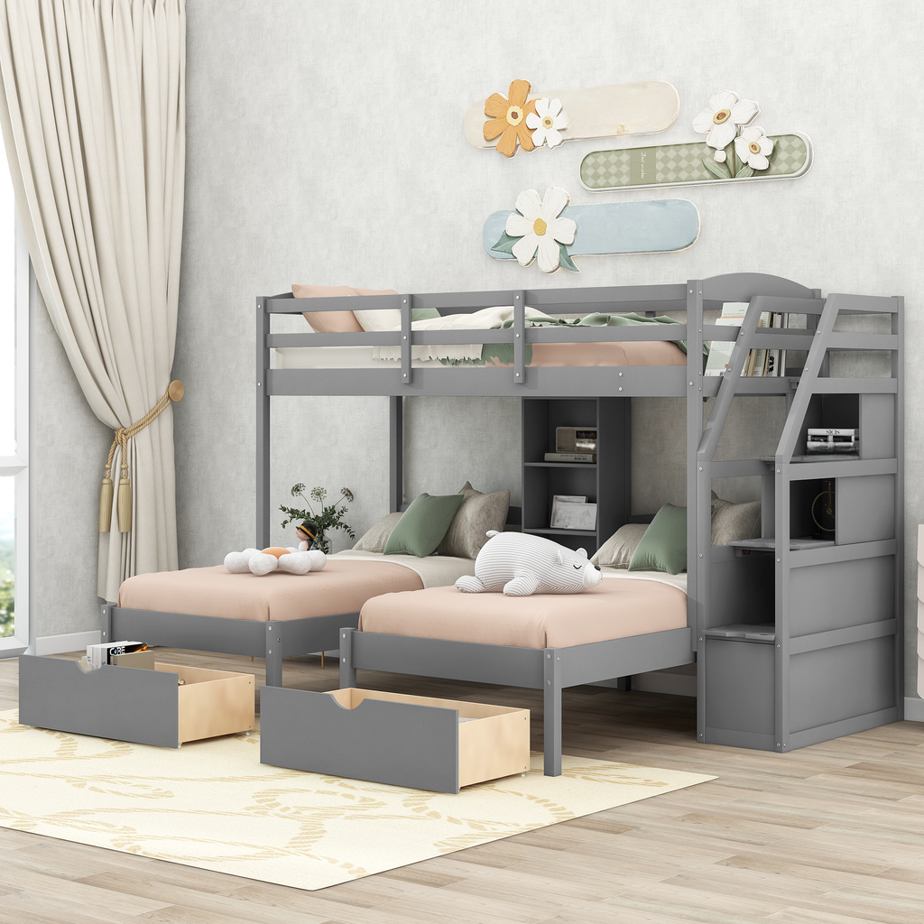 Gray twin over twin bunk bed with storage stairs for kids