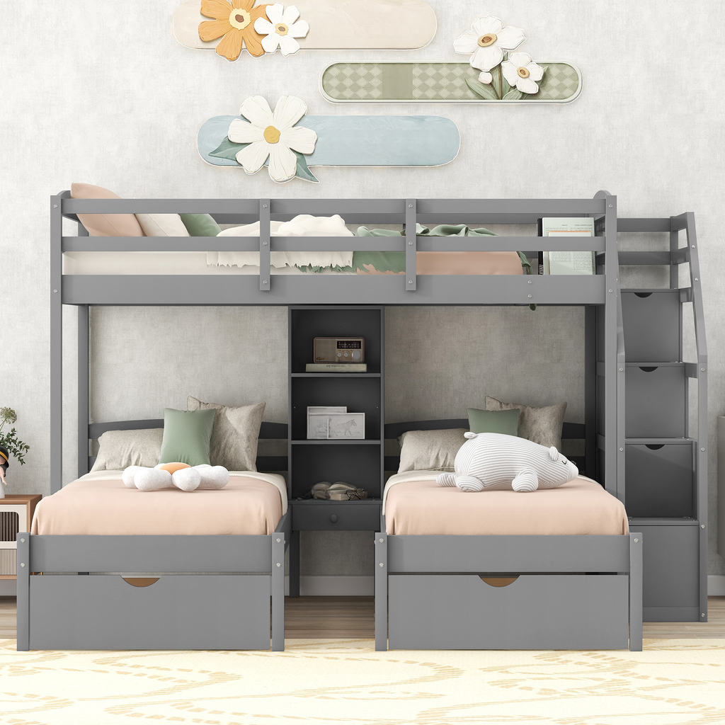 Gray wooden loft bed with ladder and storage for two kids