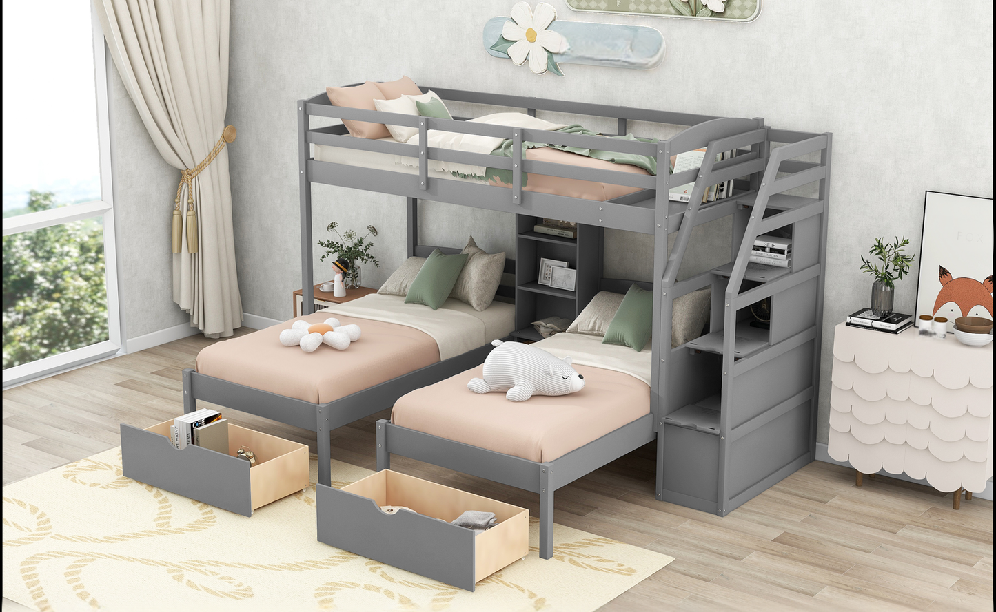 Gray twin over twin bunk bed with stairs and storage drawers