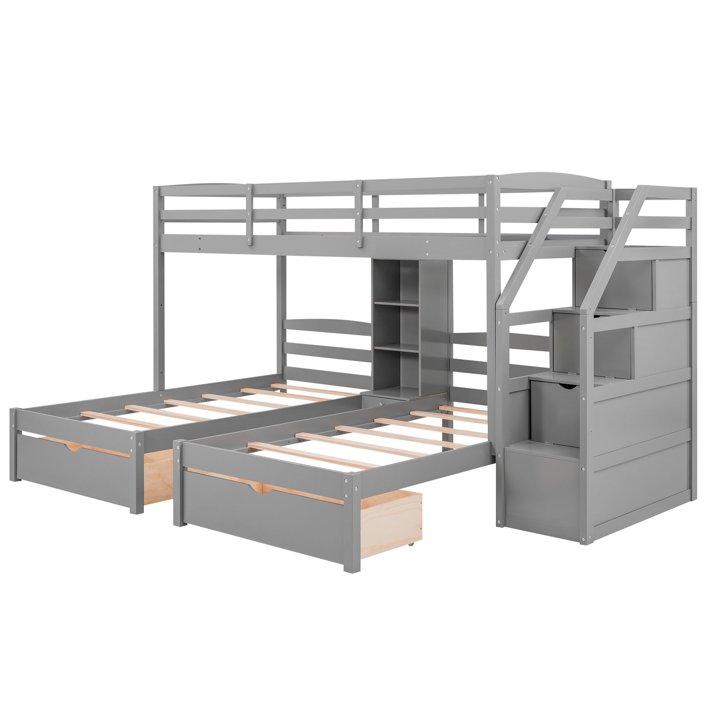 Gray wooden triple bunk bed with drawers