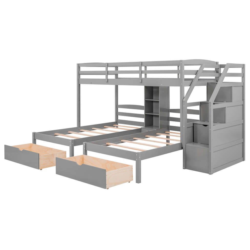 Gray wooden twin over twin bunk bed with stairs and storage drawers