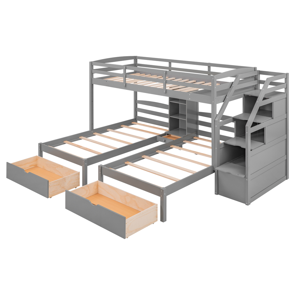 Gray twin over twin bunk bed with stairs and drawers