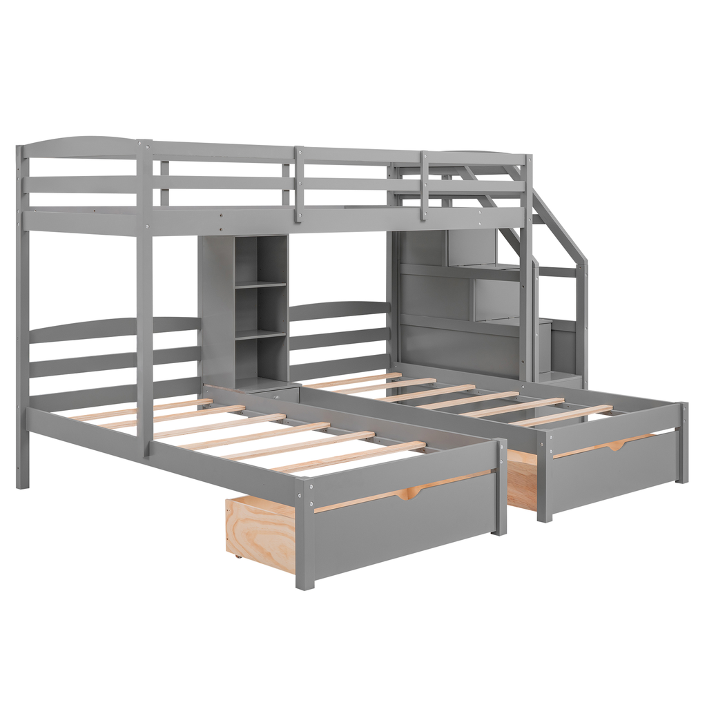 Gray wooden triple bunk bed with builtin shelves and storage drawers