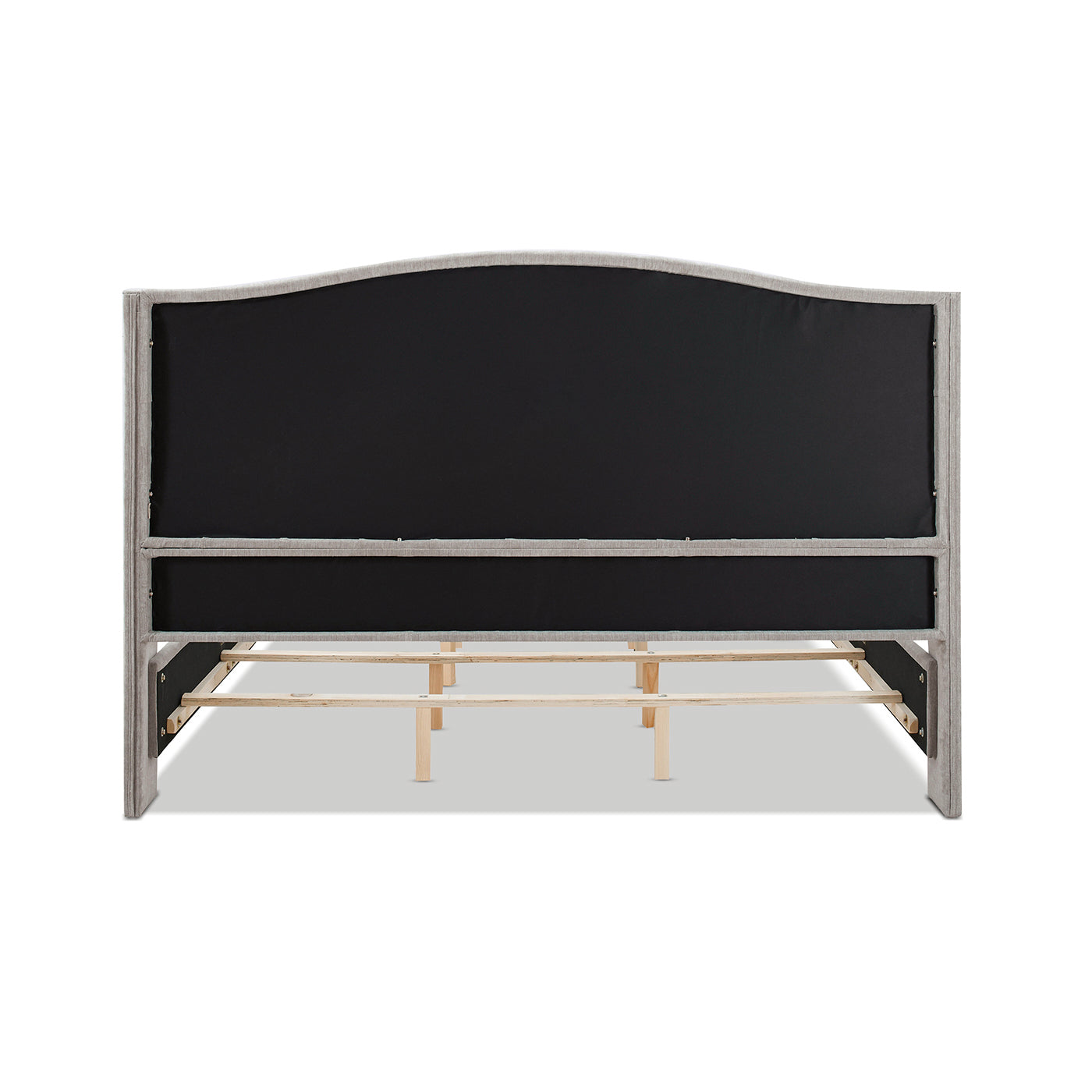 Gray upholstered headboard with curved top edge and wooden frame