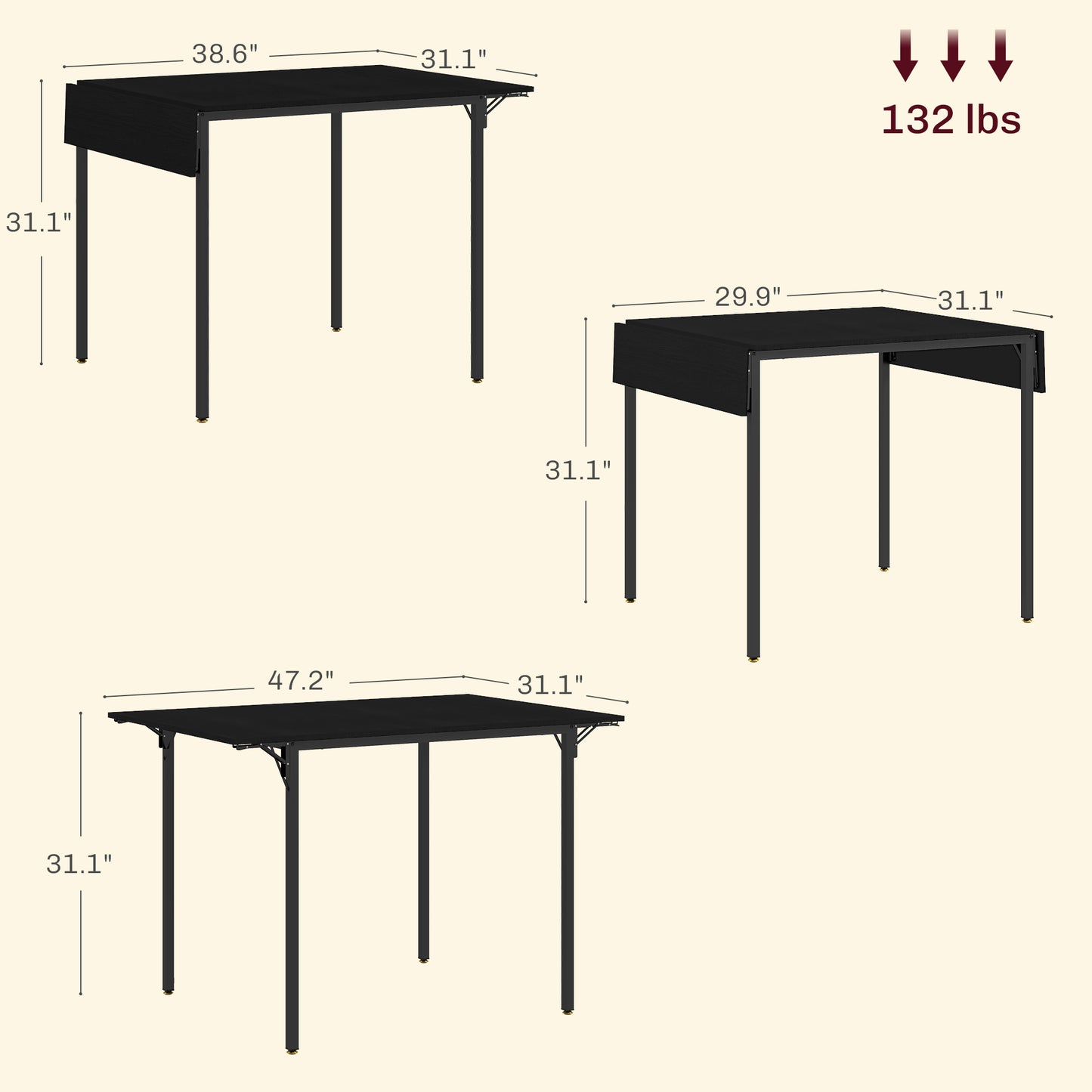 Black drop leaf dining table with metal legs