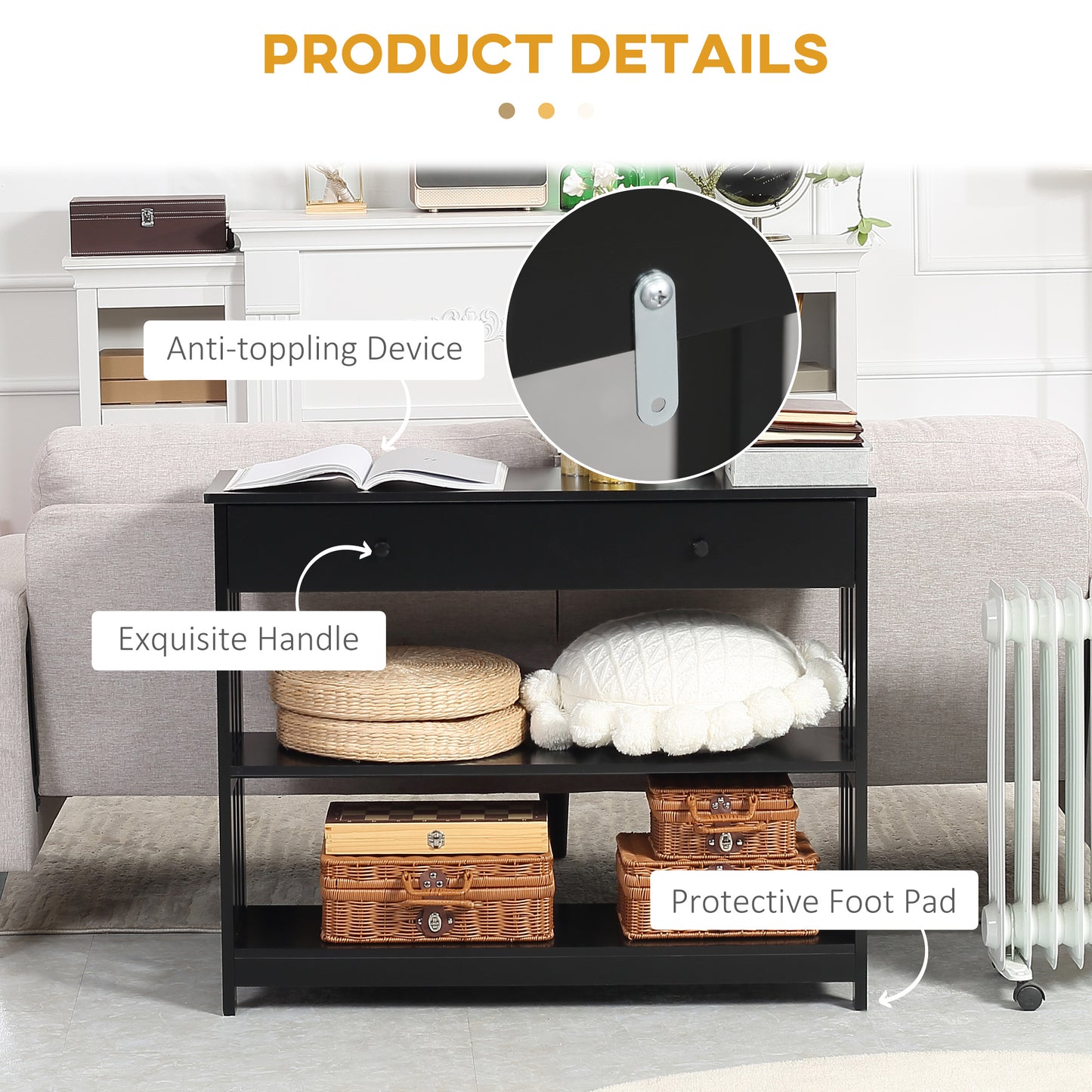Black console table with drawer and open shelves featuring wicker baskets