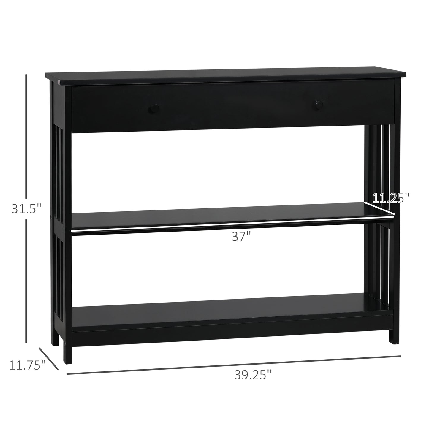 Black console table with two shelves and a drawer