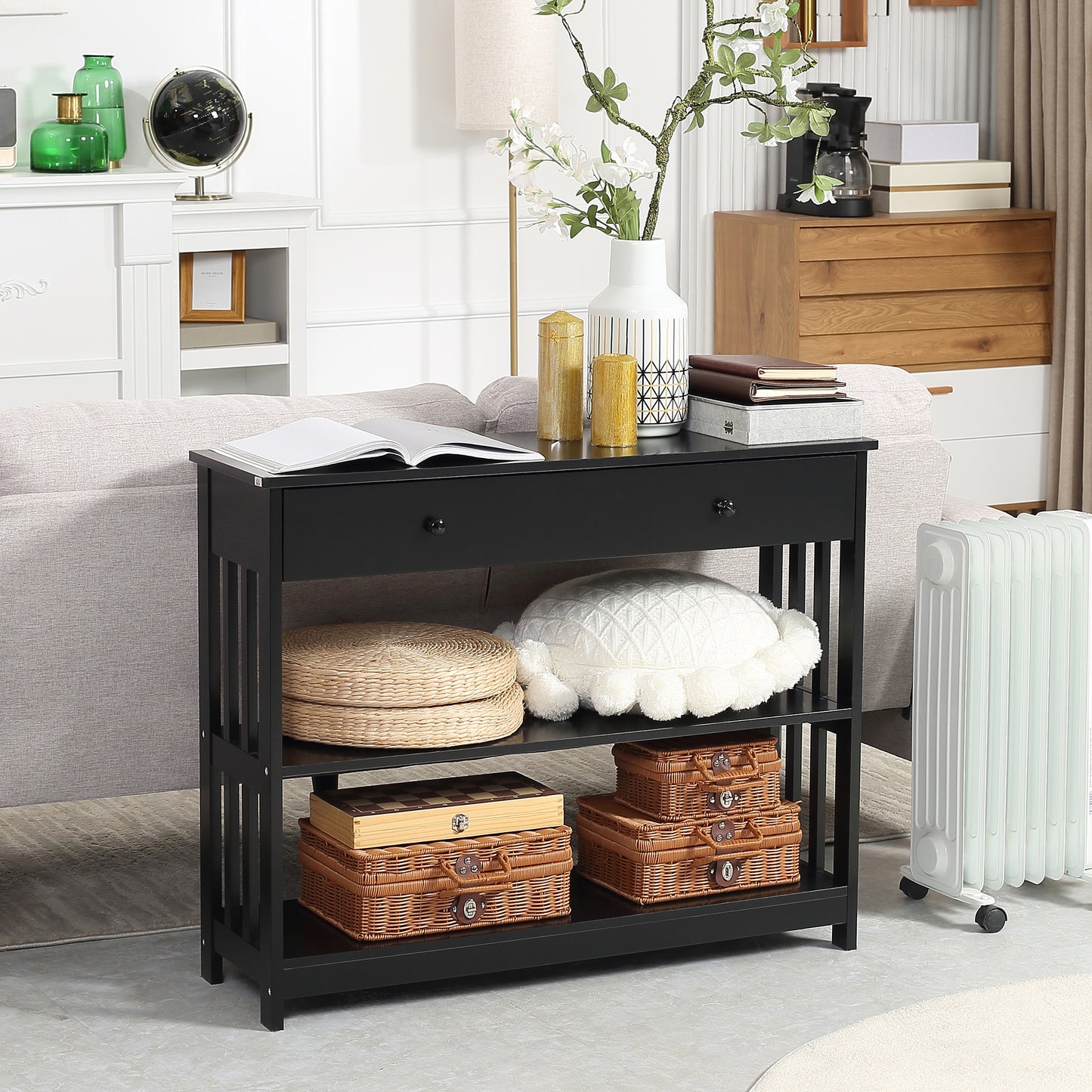 Black mission style console table with drawer and open shelves