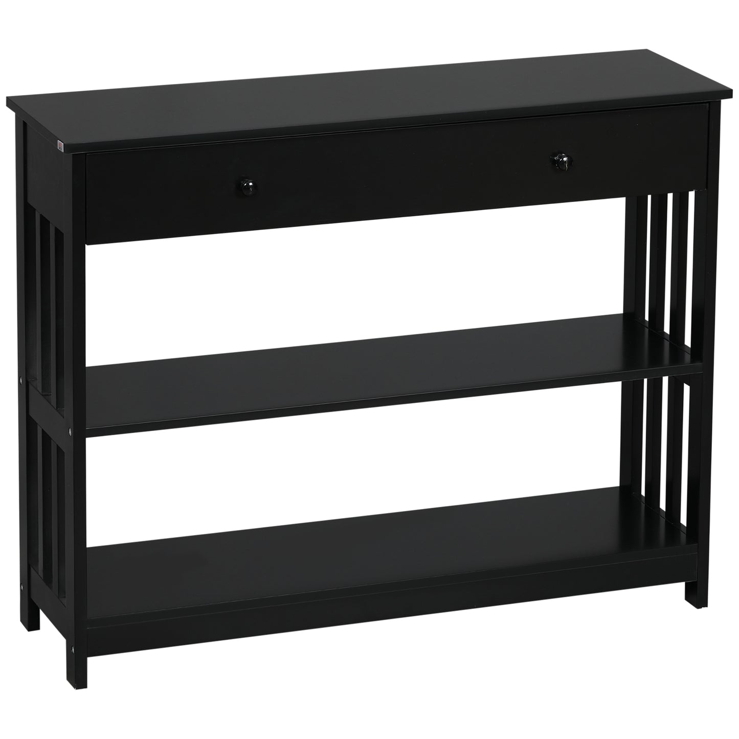 Black wooden console table with one drawer and two shelves