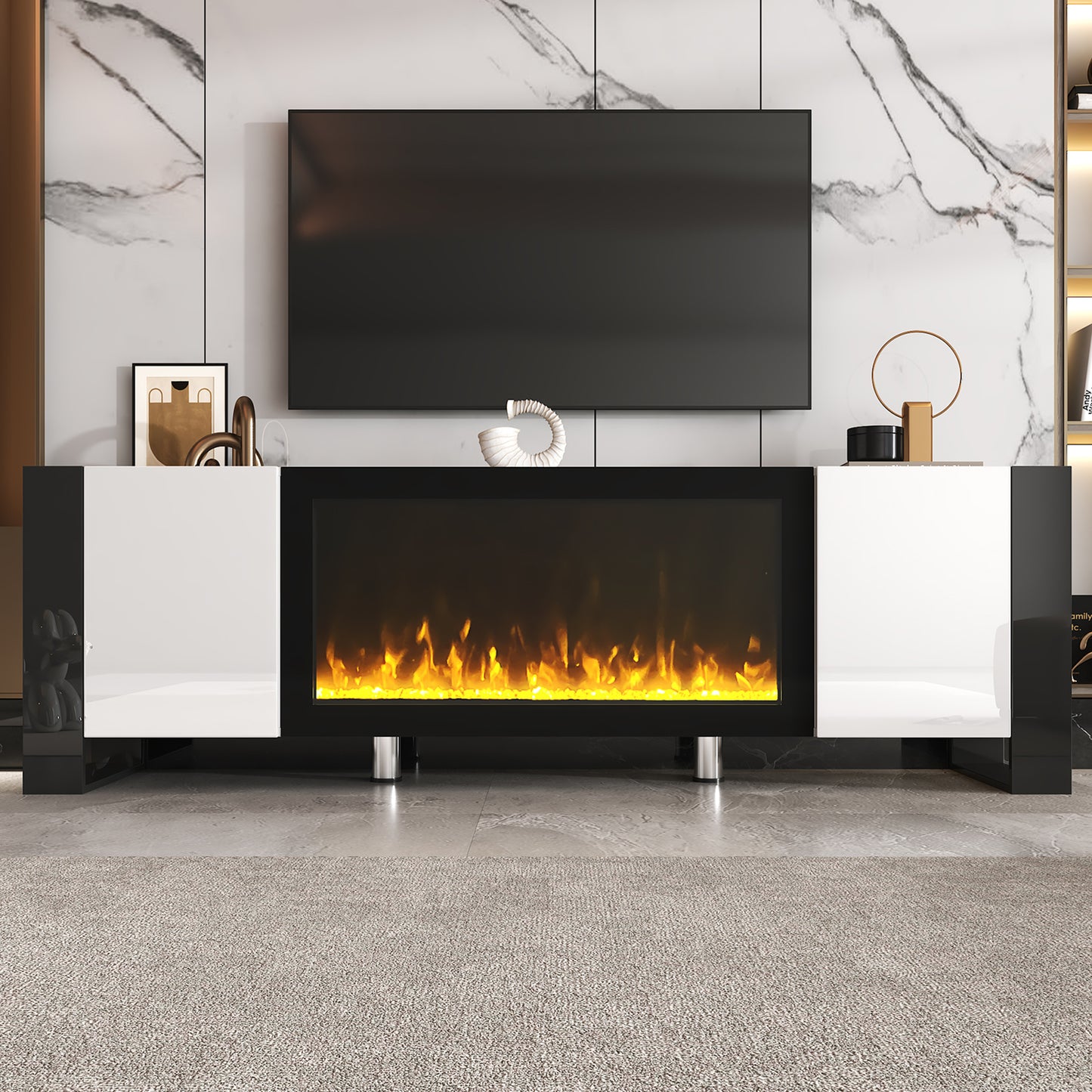 Modern black and white media console with a sleek electric fireplace insert