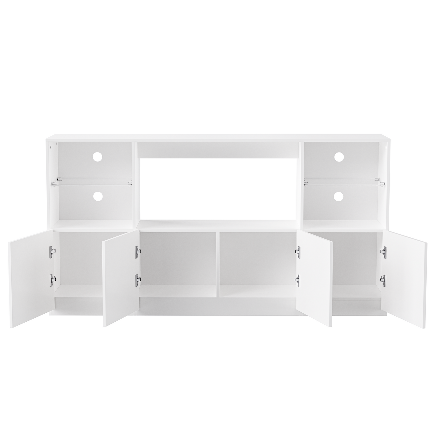 White media console with open doors and shelves