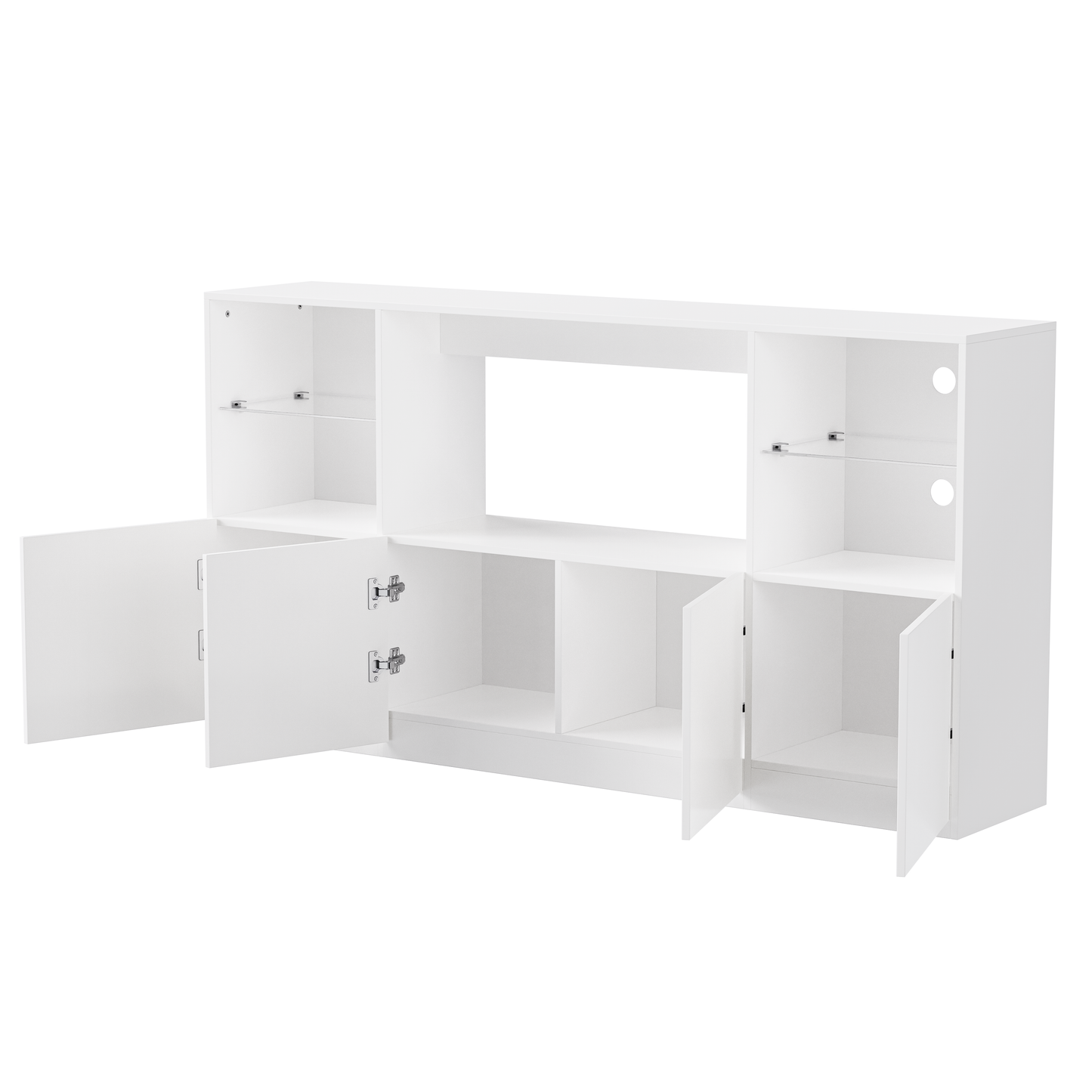 Modern white media console with open shelving and closed cabinets