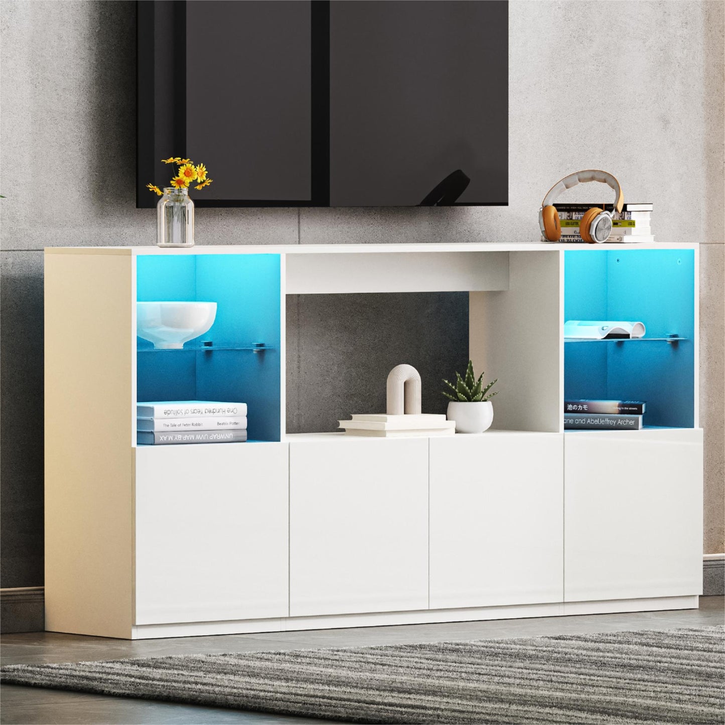 Modern white media console with blue LED backlighting