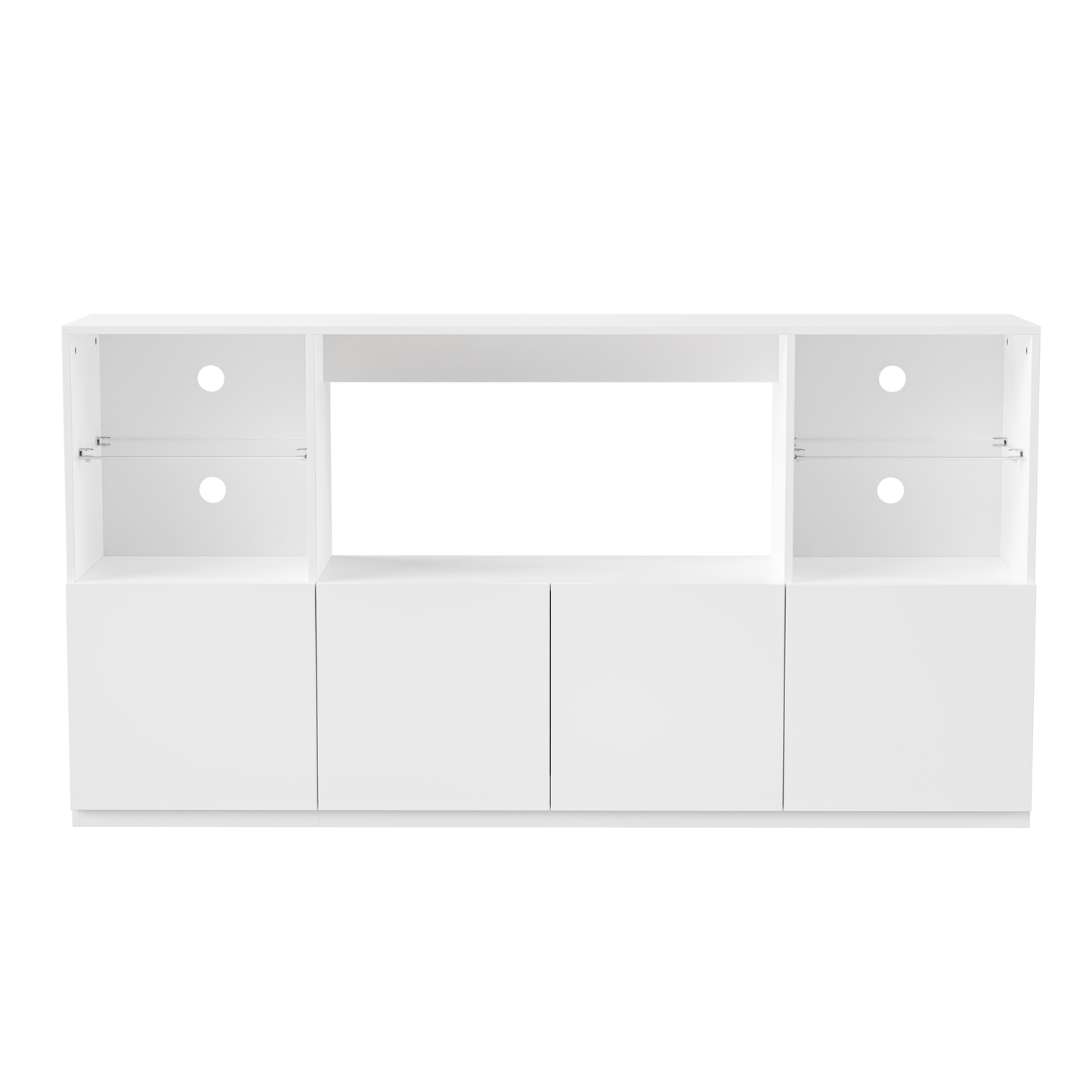 White modern media console with four cabinet doors and open shelving