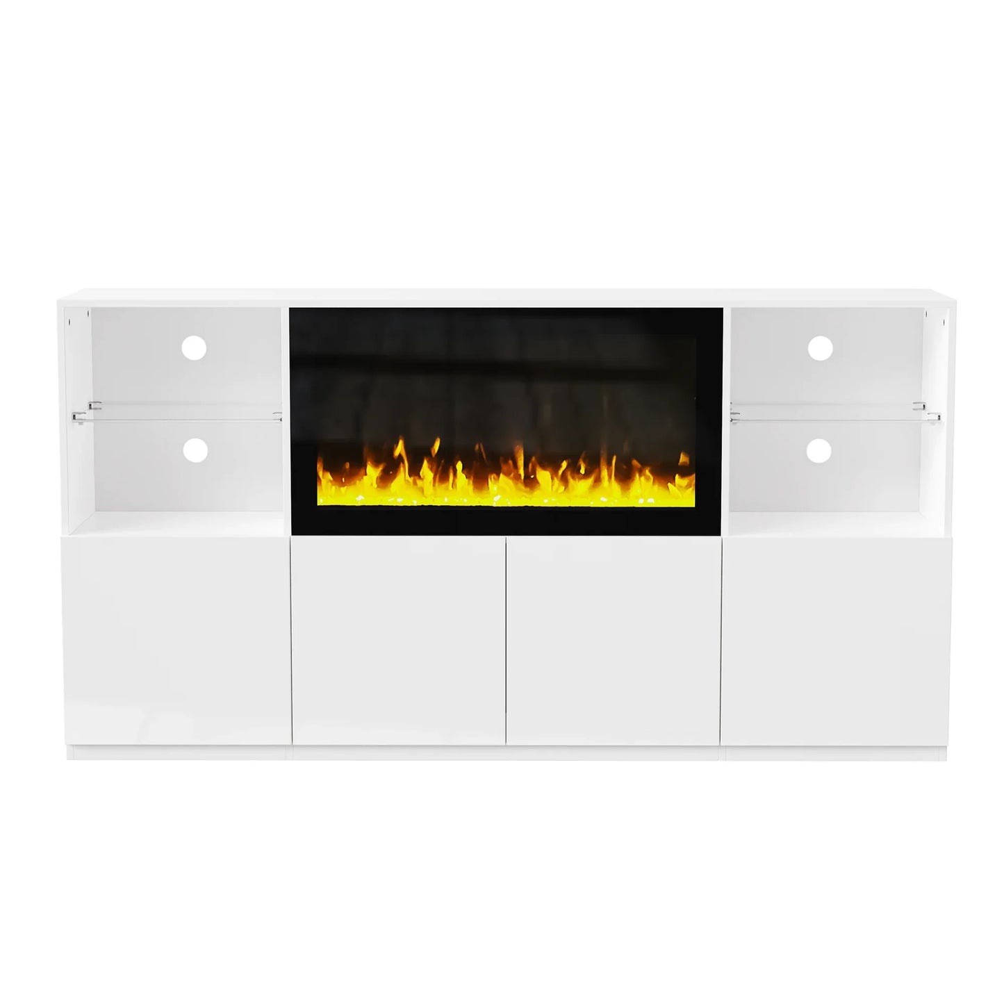 White modern media console with electric fireplace and shelving
