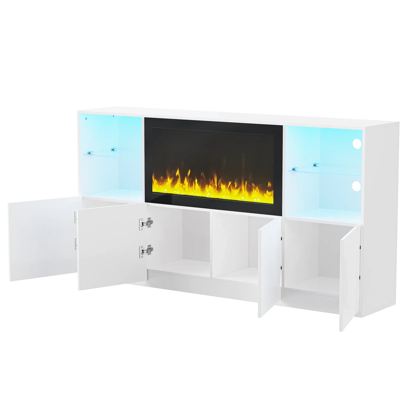 White entertainment center with electric fireplace and blue LED lighting