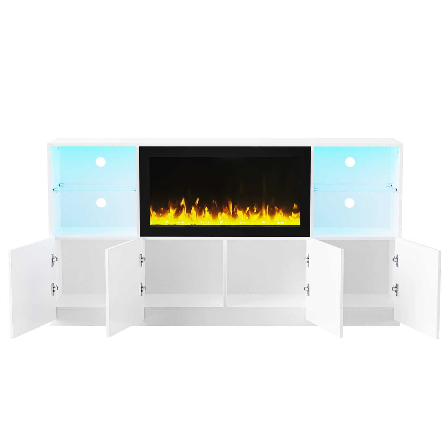 White media console with electric fireplace and blue LED lighting