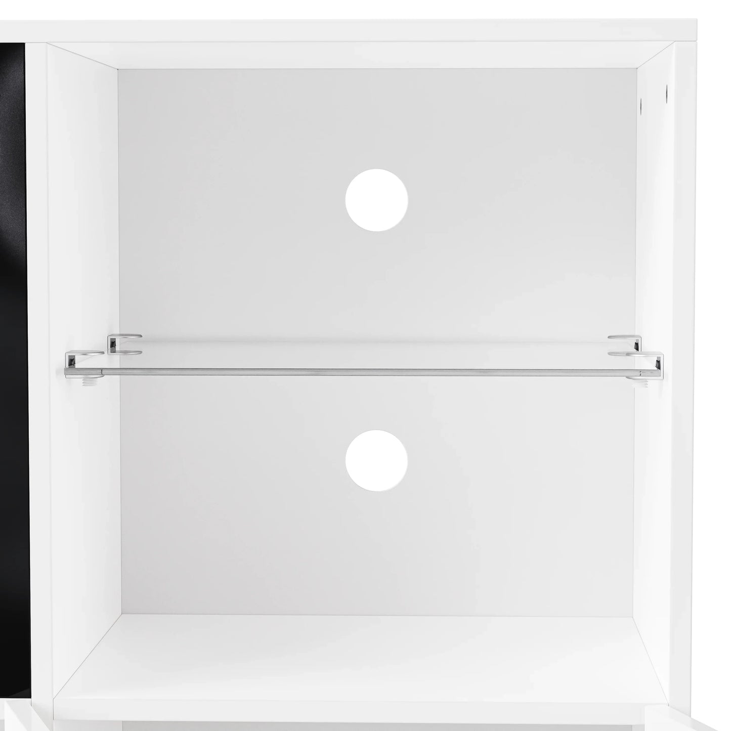 White media console interior with glass shelf