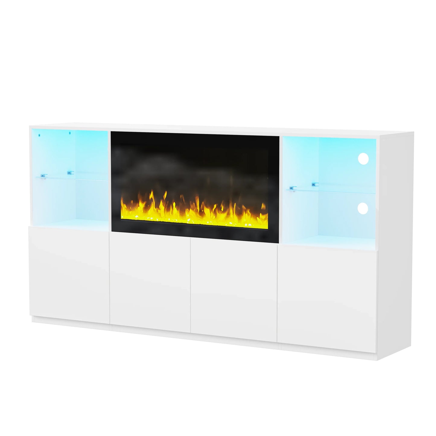 Modern white media console with integrated electric fireplace and blue LED lighting