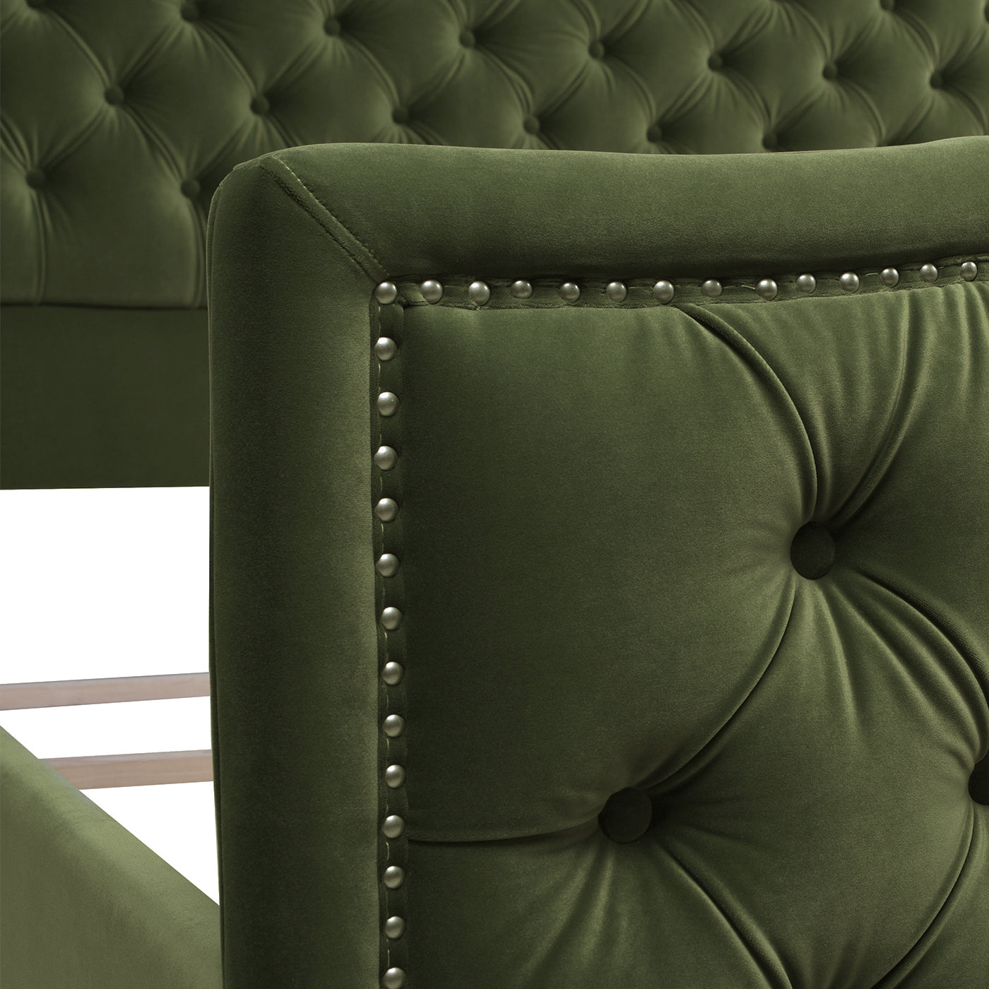 Green velvet tufted bed frame with silver nailhead trim